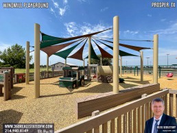 Windmill Playground in Prosper Texas features numerous play structures and splashpad.