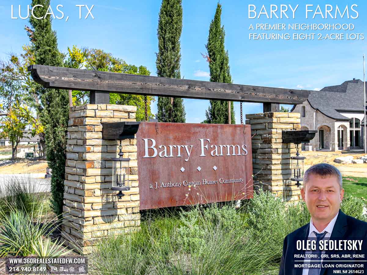 Barry Farms is a neighborhood in Lucas, Texas, featuring eight stunning 2-acre lots with luxurious homes starting at 4,000 sq. ft. and above.